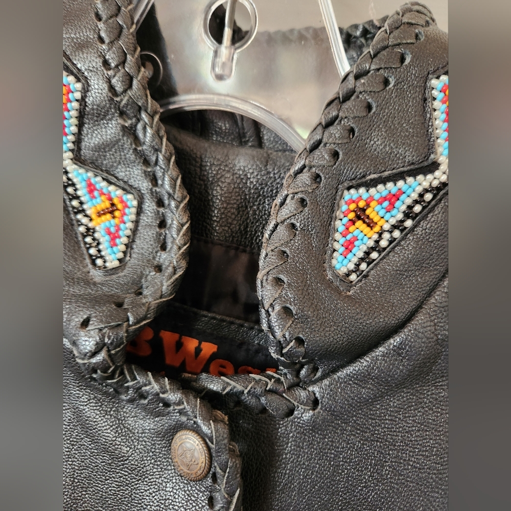 3B WEST Tansmith Black Fringe Multi Beads Leather Western Native Coat Jacket 36 - Picture 9 of 16